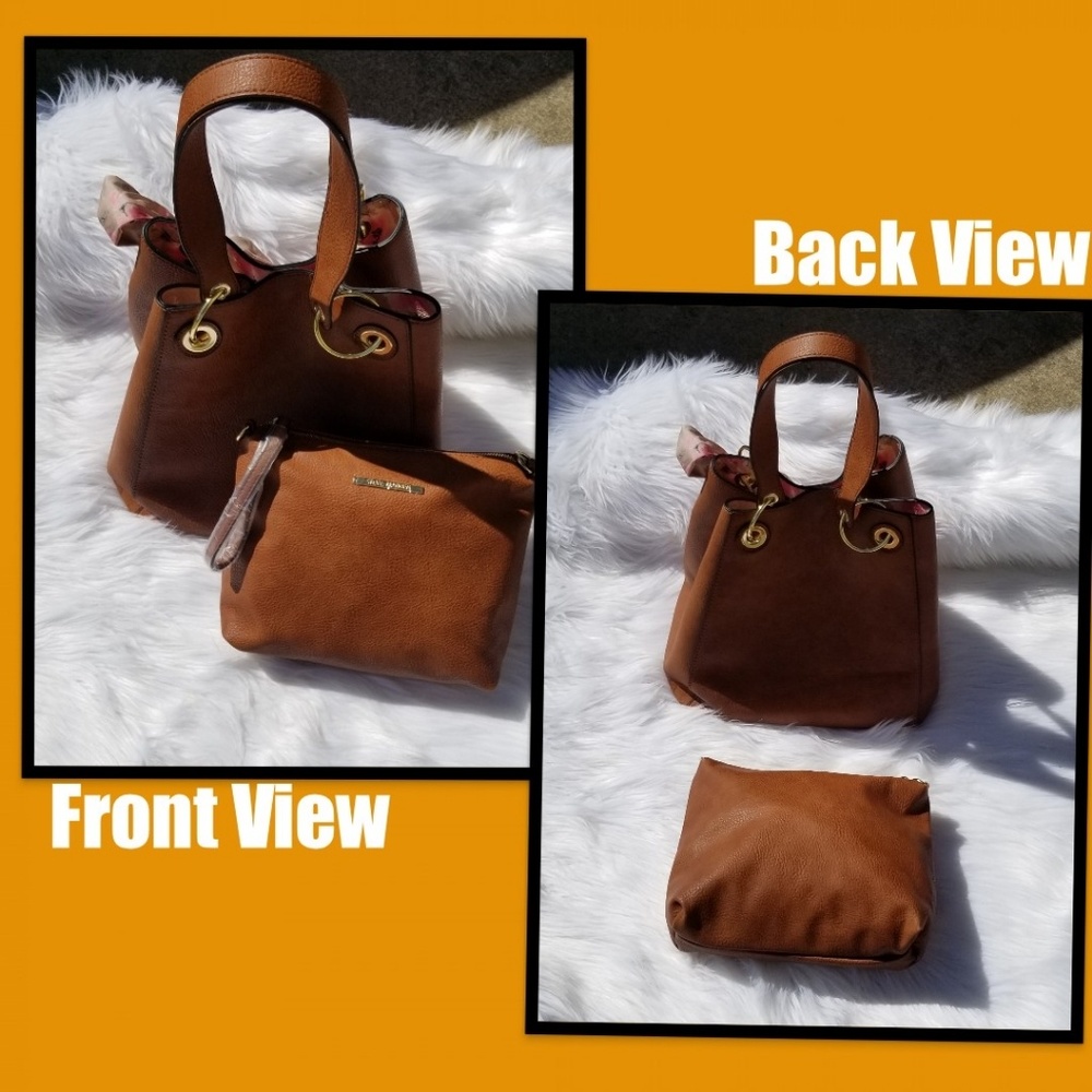 Cognac Bag with Rose Bow & Matching Clutch - Picture 4 of 8